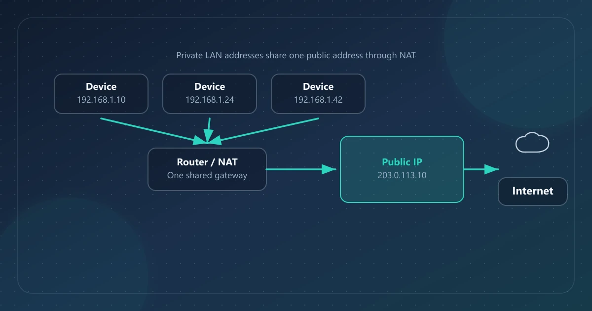Vários dispositivos com endereços LAN privados ligam-se à Internet através de um router com NAT e um único IP público.